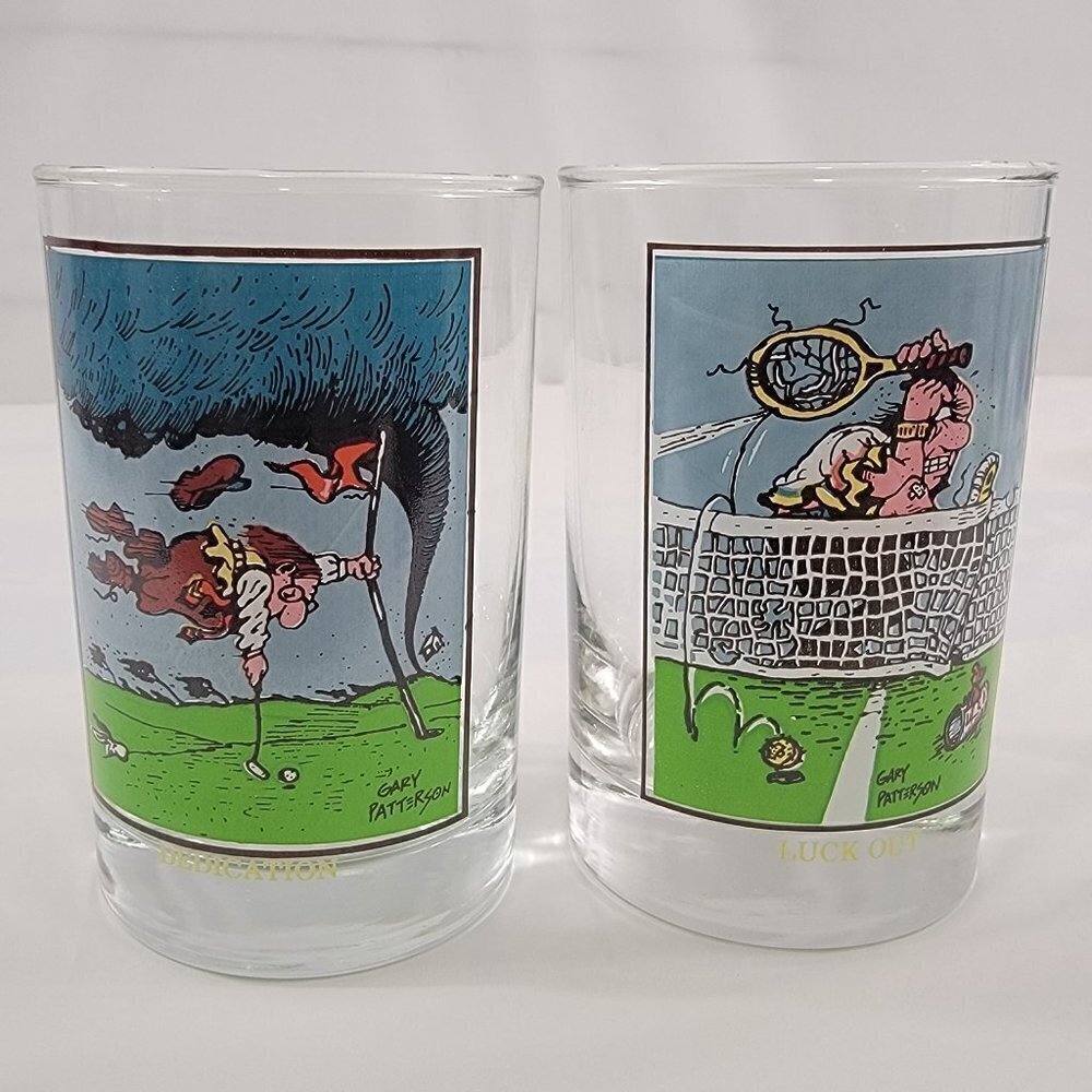 Vintage 1982 Arby’s Collector Drinking Glasses DEDICATION & LUCK OUT 2 Piece Set